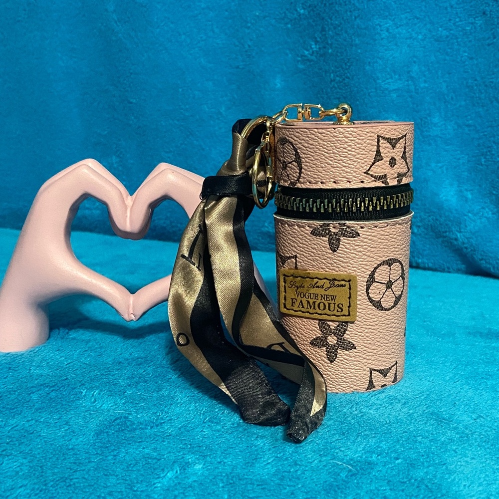 Pink Monogram Cylinder Coin Case with Black and Gold Scarf